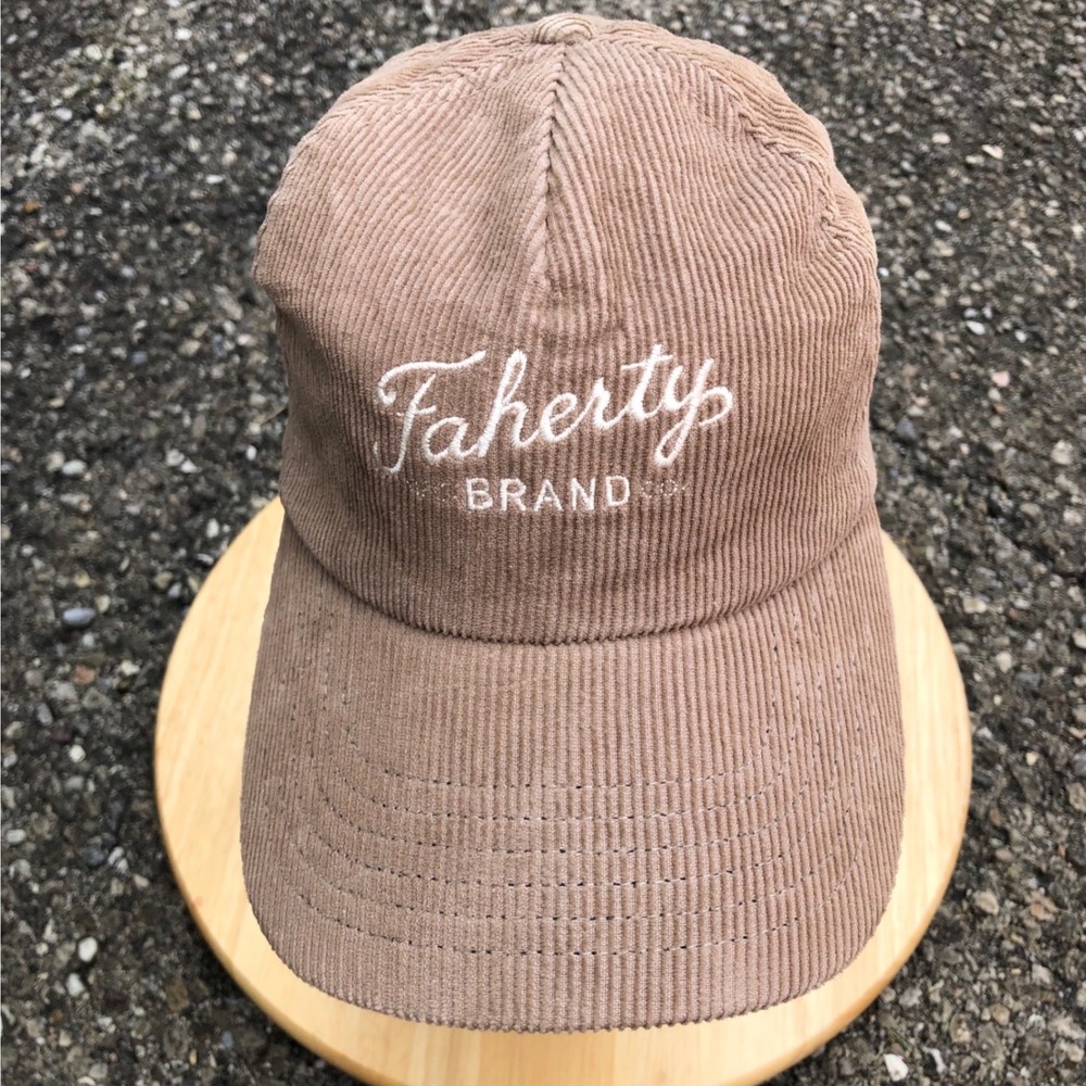 Faherty Hat Corduroy Cap OS Leather Strapback Surfer Coastal Beach Rum Tan Khaki